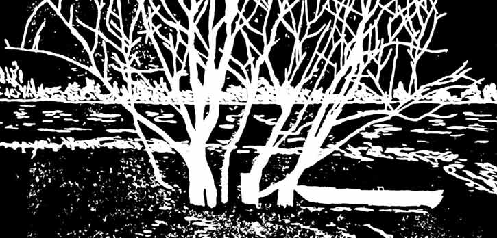 "Baum mit Boot", Linol-Handdruck von Bernd Miesing